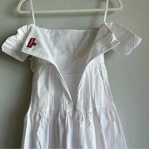 Staud Mini Elio Dress in White / Off The Shoulder Prairie Dress w/ Puffy Sleeves - Picture 10 of 13